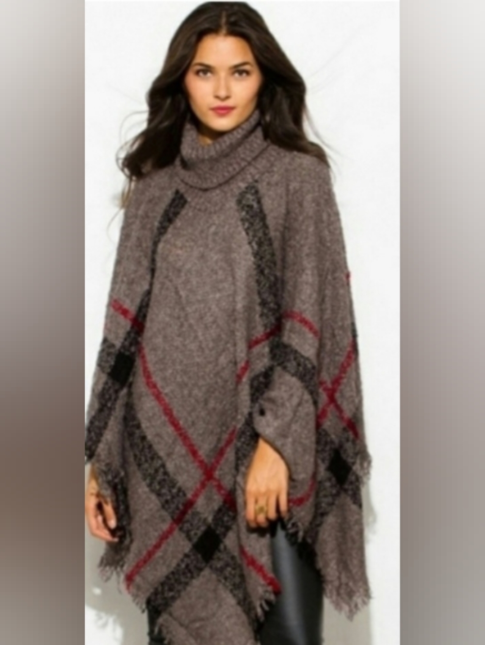 Plaid Turtleneck Poncho Cape Shawl Wrap Coverup w Fringed Hem One Size